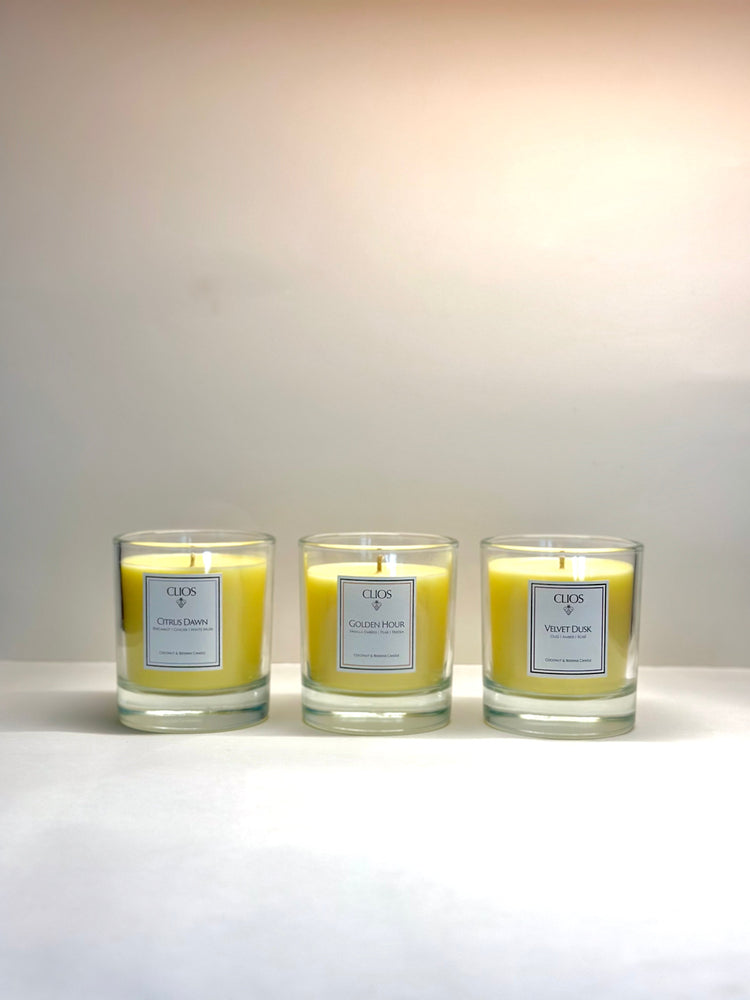 "CLIOS Reverie Collection – Citrus Dawn, Golden Hour, and Velvet Dusk luxury candles, hand-poured in Royal Leamington Spa."